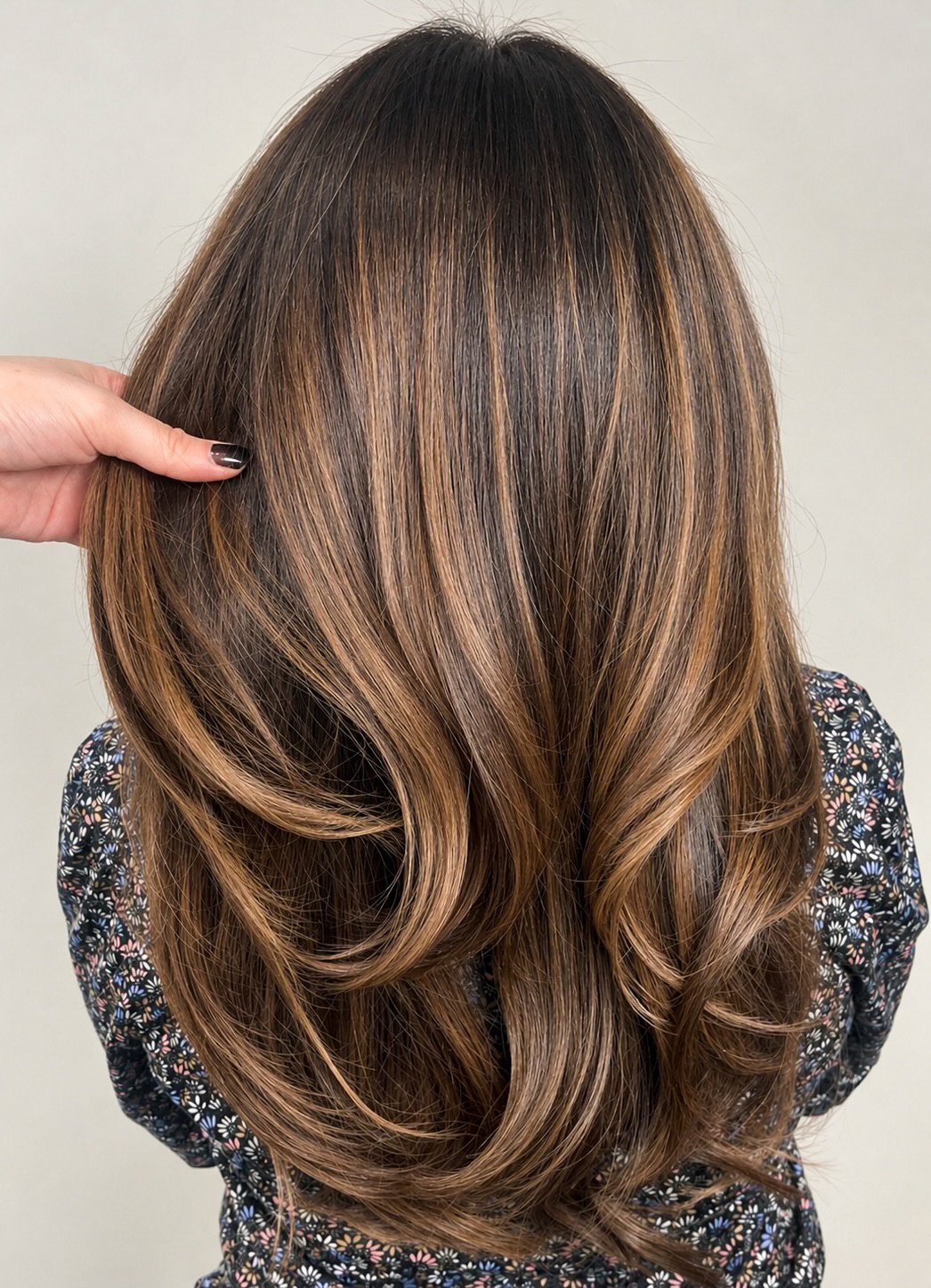 Dimensional brunette highlights and balayage by Olivia Biegel at Patrick Evan Salon, Union Square, San Francisco
